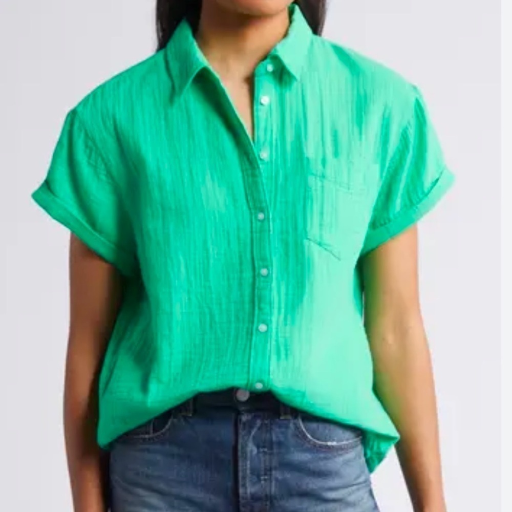 Cotton Gauze Camp Shirt by Caslon in Kelly Green Color-Size XS, Short sleeve NWT